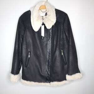 Preen Womens Aviator Faux Black Suede Cream Shearling Jacket Coat SZ UK 18
